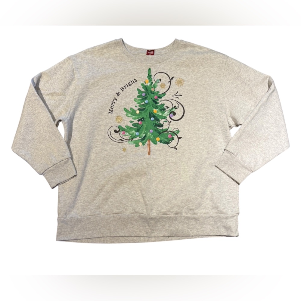 Dec. 25th Merry & Bright Gray Sweatshirt with Christmas Tree Design Adult XL